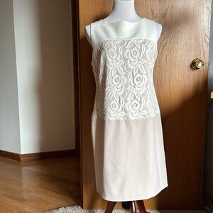 Sandra Darren Ivory/Tan lace dress. Elegant for wedding or white party. Size 12